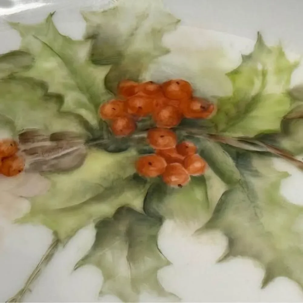 Vintage Hand-Painted Holly and Berry Porcelain Plate Signed 1980